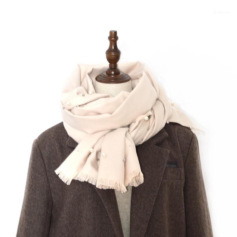

Soft Female Cashmere Scarves Long Shawl Wrap Blanket Warm Solid brands scarf Luxury Winter New Women pearl Beads scarf1