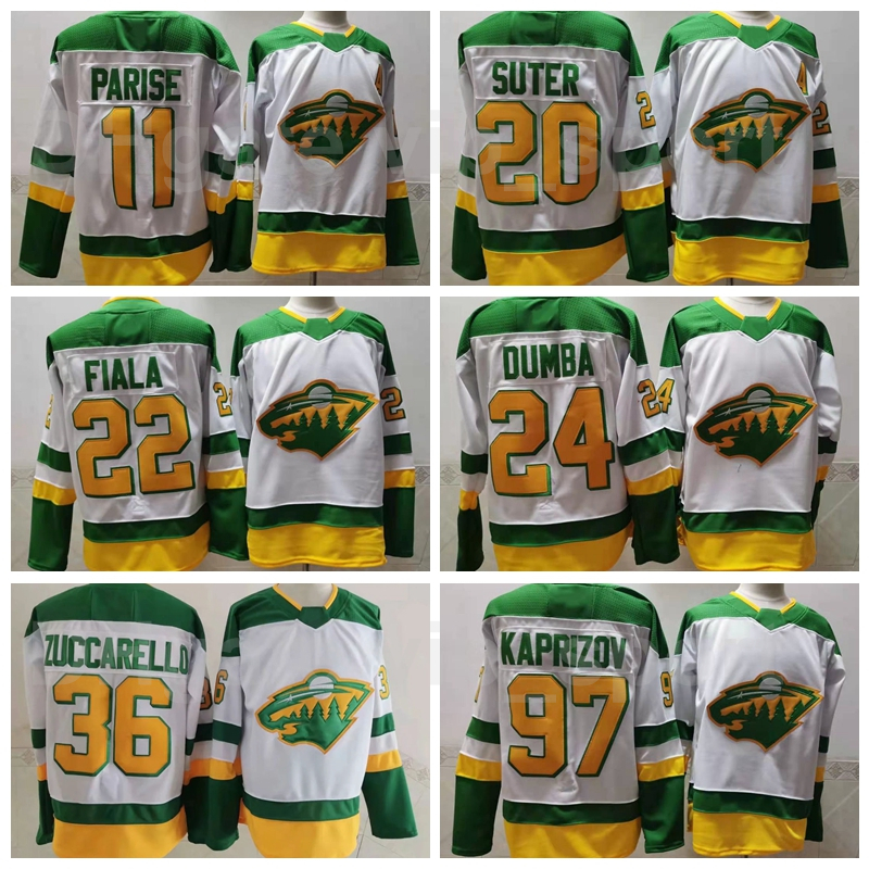 

Reverse Retro Minnesota Wild Hockey 22 Kevin Fiala Jersey 36 Mats Zuccarello 24 Matt Dumba 97 Kirill Kaprizov 11 Zach Parise Ryan Suter, 20 white