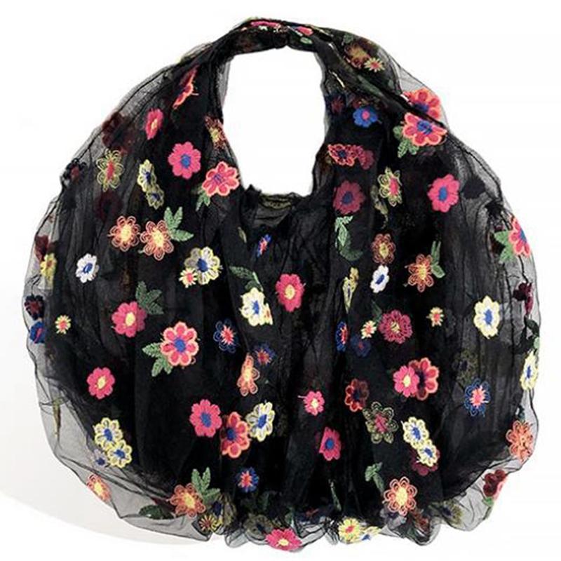 

Small Crowd Bag Female Small Fragrance Bag Flower Portable Mesh Embroidery, Black