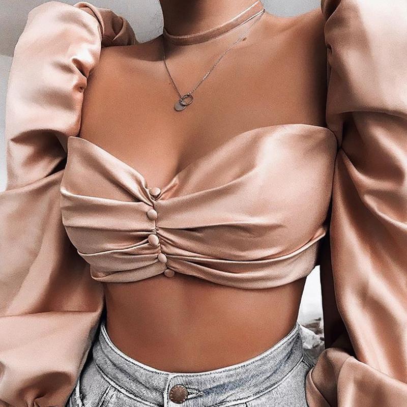 

European And American New Style Tops Sexy One-Neck Solid Color Chest-Wrapped Buttons Navel Slimming Ladies Long-Sleeved T-Shirt, Blue