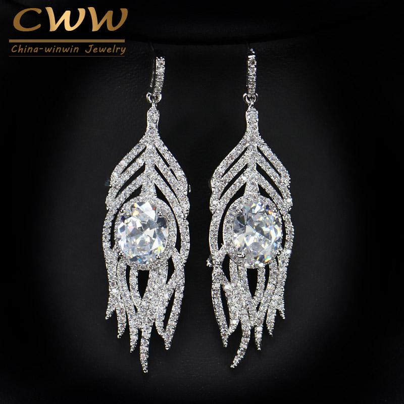 

Dangle & Chandelier CWWZircons Brand Micro Pave Fancy Cubic Zirconia Setting Long Feather Shape Drop Earring Jewelry For Women CZ107