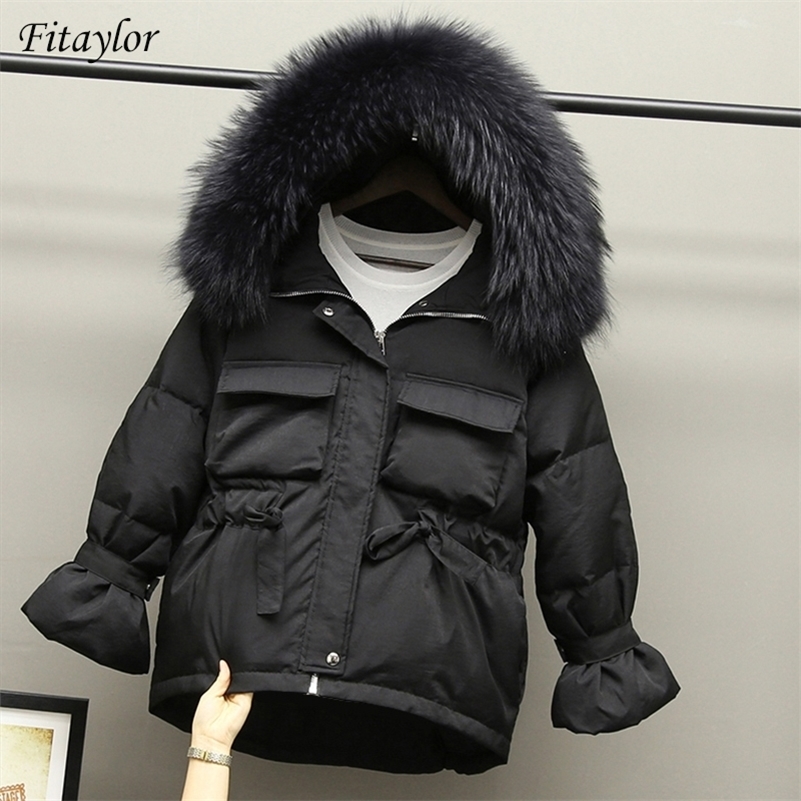 

Fitaylor Winter Women 90% White Duck Down Parkas Slim Jackets Large Natural Raccoon Fur Hooded Warm Snow Coat Black Outwear 201102