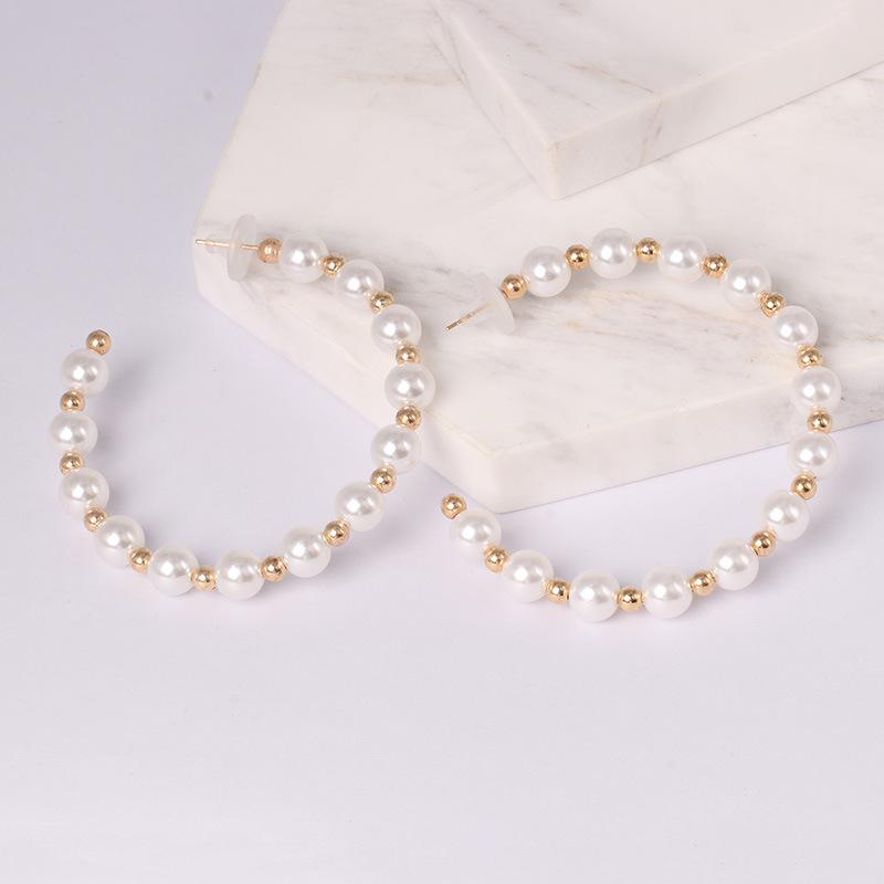 

New Fashion Creative White Pearl Circle Big Earrings Titanium Steel Simple Tassel Golden Bead Trend Dangle Earrings for Women