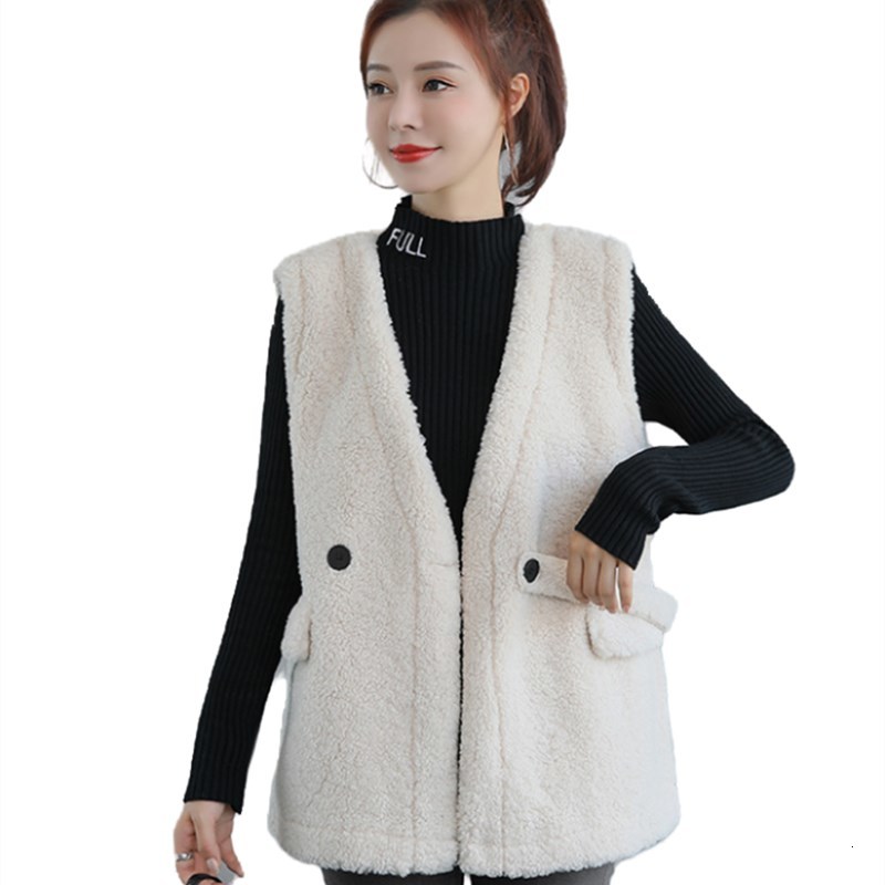 

2021 New Women Thick White Warm Cardigan Coat Autumn Winter Sleeveless Vest Outerwear Jacket Pocket Female Artificial Fur Waistcoat Onzv