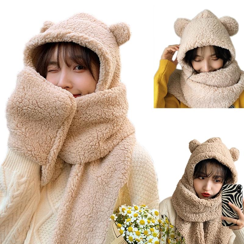 

Winter Female Novelty Warm Plush Hat Outdoor Windproof Thermal Cute Cartoon Bear Ears Earflap Cap Hooded Long Scarf Wrap M7DD