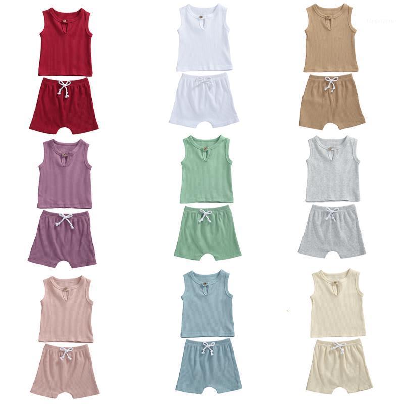 

2021 Summer Newborn Baby Girls Boys Clothing Set Toddler Sleeveless Round Collar Vest Top + Solid Color Drawstring Shorts 0-24M1