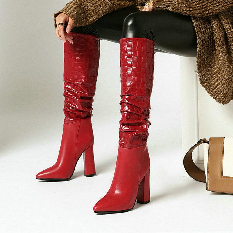 

2021 New Women Knee High Boots Brand Design Faux Suede Ladies Pointed Toe Boots Square High Heel Pleated Women Big Size 43, Black