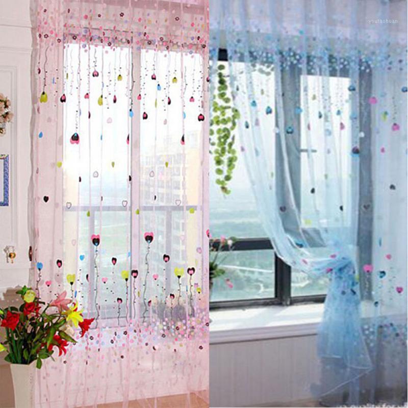 

1PC 1M*2M Window Curtains Sheer Voile Tulle for Bedroom Living Room Balcony Kitchen Printed heart Pattern Sun-shading Curtain1, Blue