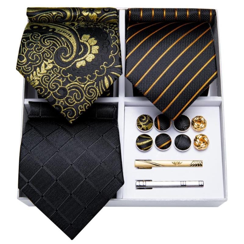 

Bow Ties 3 Pack Silk Tie Set Gift For Men Fashion Black Gold Striped Paisley Neckties Hanky Cufflinks Business Wedding DiBanGu