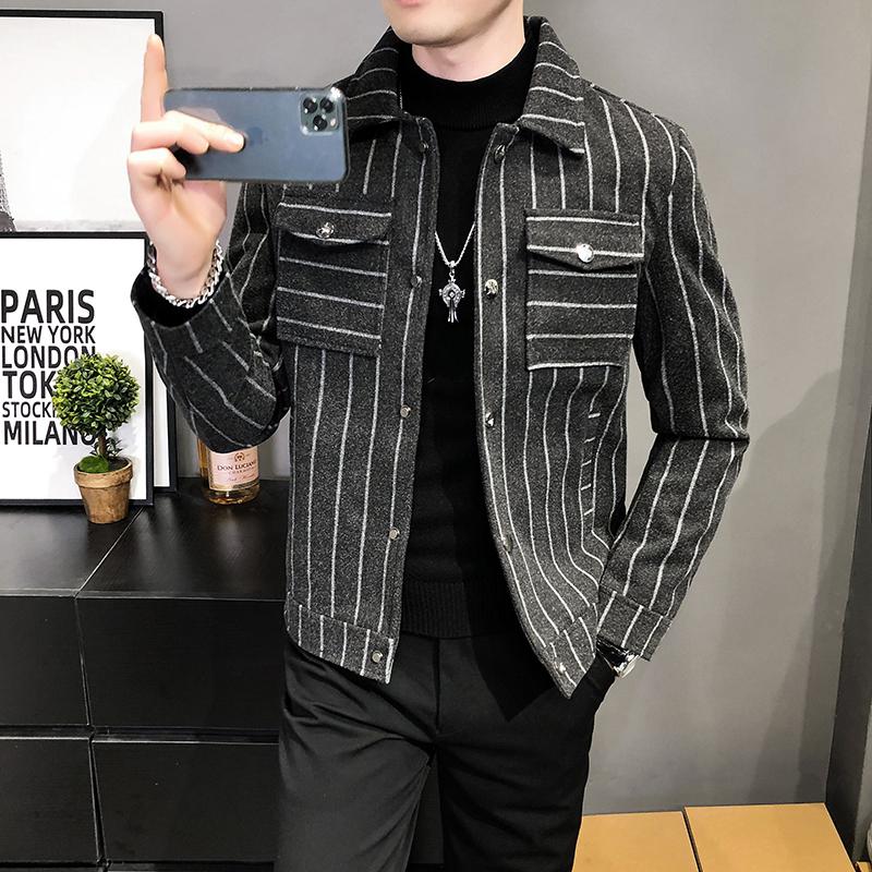 

2020 Fashion Striped Men Wool Trench Coat Thicker Winter Jackets Casual Slim Fit Outwear Steetwear Windbreaker Ropa De Hombre, Black