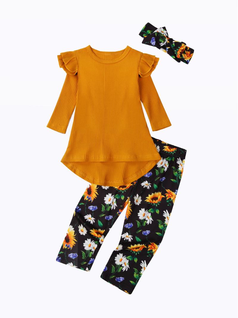 

0-5Y Casual Baby Clothes Set Solid Long Sleeve Knitted Top with Floral Printed Long Pants and Bow Headband Autumn 3pcs, As pic