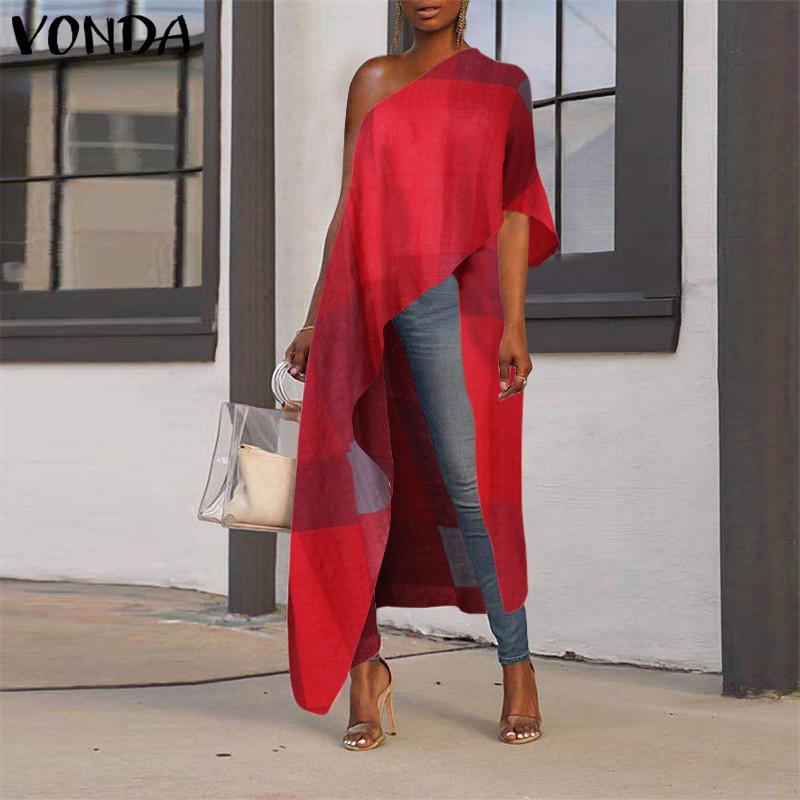 

VONDA Women One Off The Shoulder Blouse Sexy Patchwork Print Tops 2020 Summer Party Tops Office Blouse Plus Size Tunics Shirts, Navy
