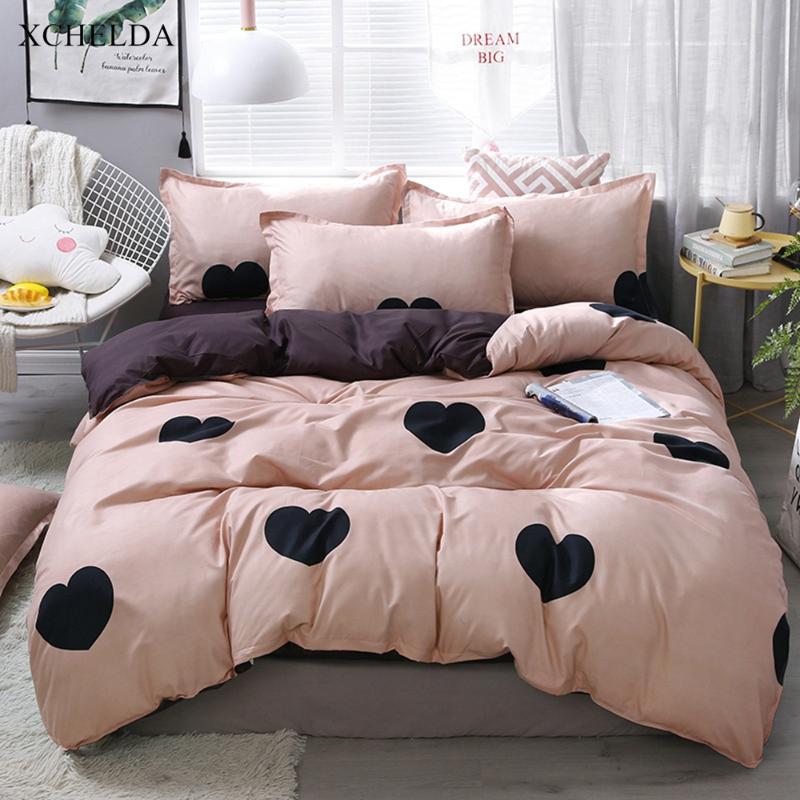 

Bedding set Family Double Queen King 4pcs Pink Black Heart Bedspread Girl Single Bed sheet Pillowcases Duvet Cover set, Bs073