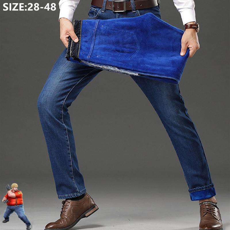 

Winter Denim Pants Black Warm Fleece Oversized Jeans For Men Plus Size 42 44 46 48 Slim Fit Stretch Thicken Large Fleece Trouser, Blue color