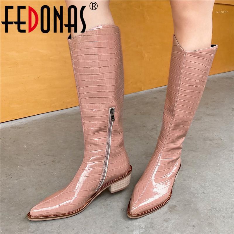 

FEDONAS Sweet Wedding Shoes Woman Heels Side Zipper 2020 Fall Knee High Boots Genuine Leather Pointed Toe Tight High Boots1, Pinkd