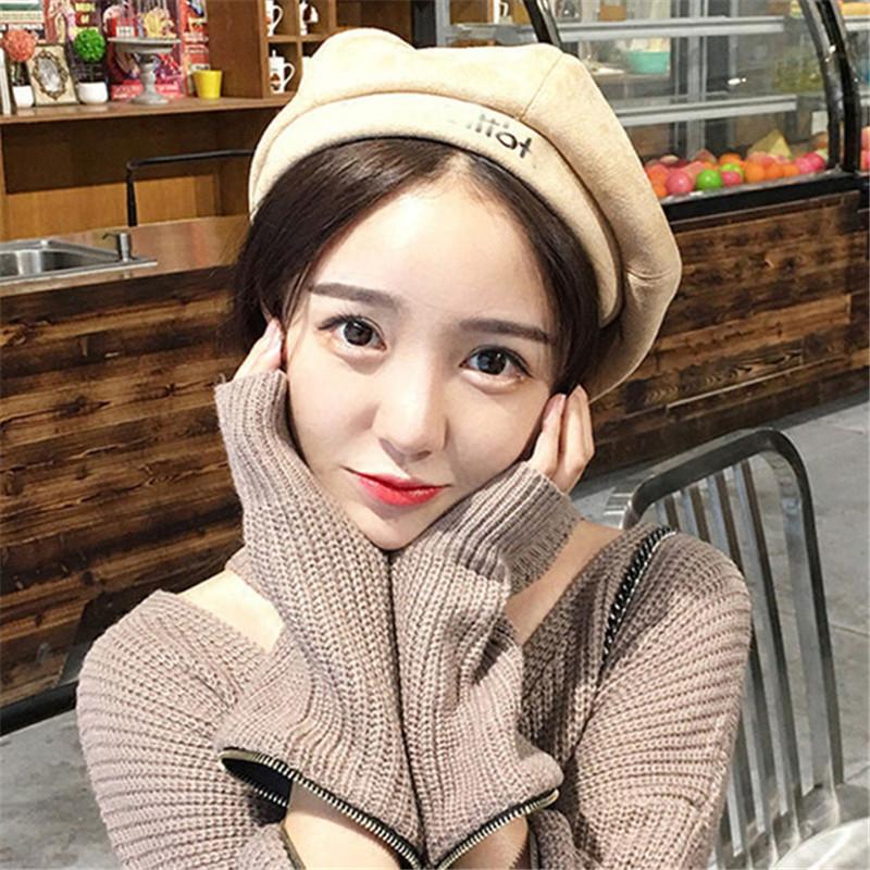 

korea edition new letter embroidery faux suede beret female qiu dong season tide joker painter wind octagonal cap in Engl hat, Black-m