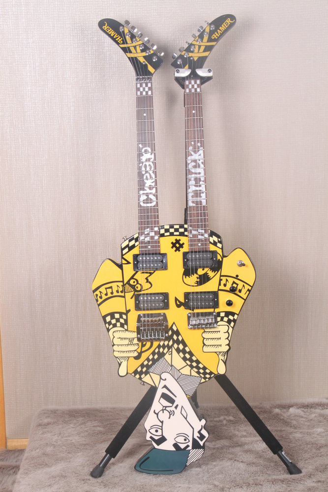 

Promotion! Cheap Trick's Rick Nielsen Uncle Dick Double Neck Yellow Electric Guitar White Pearl Inlay, Kahler Bridge on the left neck