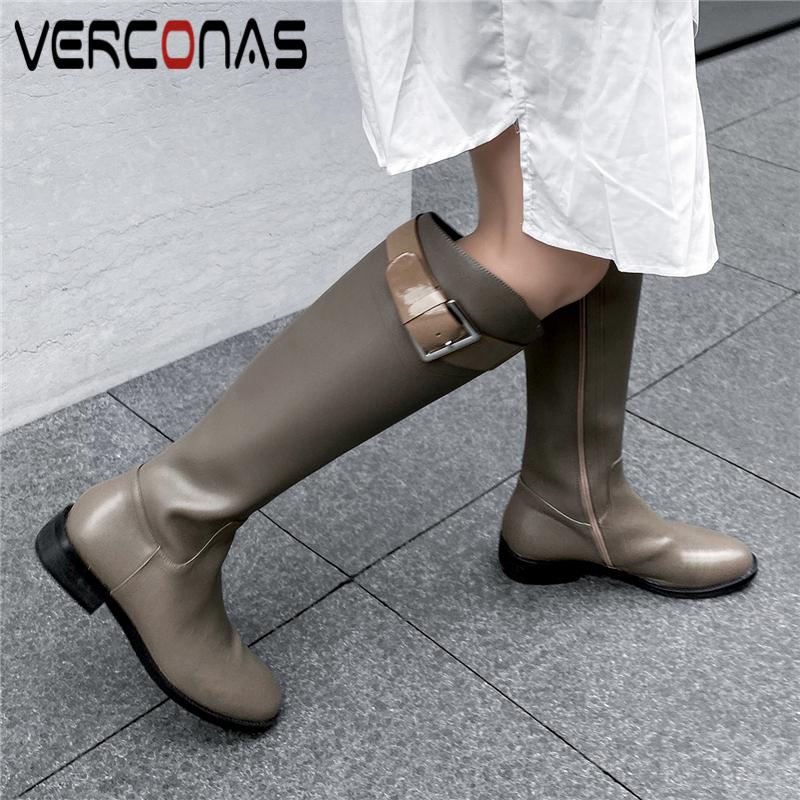 

VERCONAS New Metal Buckle Knee-High Boots For Women Low Heels Shoes Woman Autumn Winter Concise Genuine Leather Zipper Long Boot, Blackd