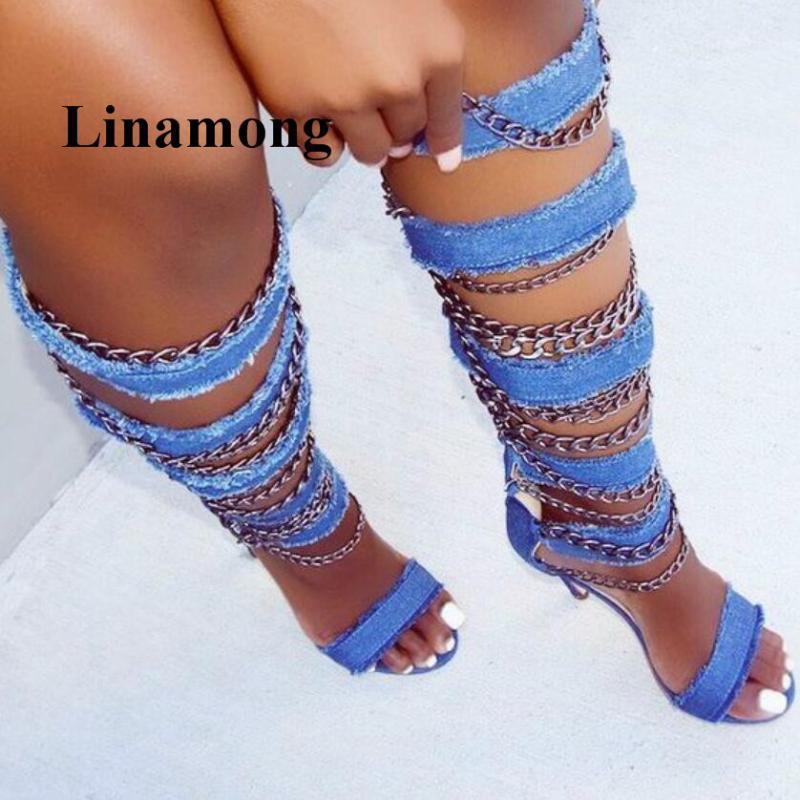 

Newest Fashion Denim Metal Chain Decoration Long Tube Summer Sexy Two Color Thin High Heel Sexy Women Sandals Normal size1, As picture