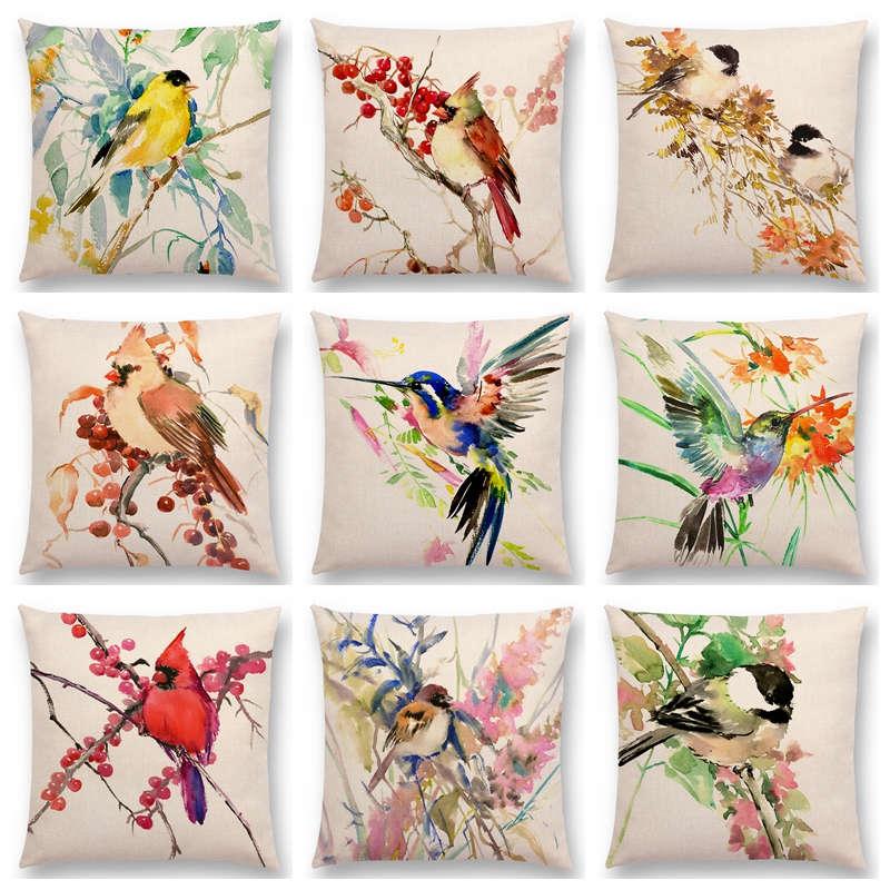 

Hot Sale Watercolor Cute Birds Robin Tit Finch Hummingbird Goldfinch Chickadee Cardinal Kingfisher Flowers Cushion Sofa Pillow, A024807