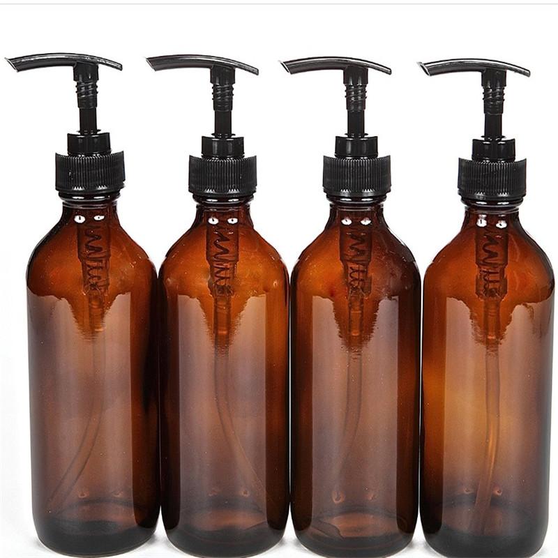 

4pcs 8 Oz Amber Glass Boston Round Bottle w/ Stainless Steel Pump for Kitchen Bathroom Liquid Soaps Essential oils Lotions 250ml