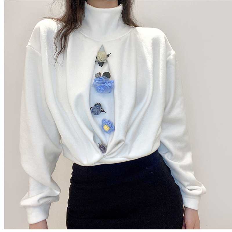 

Women winter new outdoor running loose top high collar front and back fitness wear floral short sweater women' floral Yoga suit, White