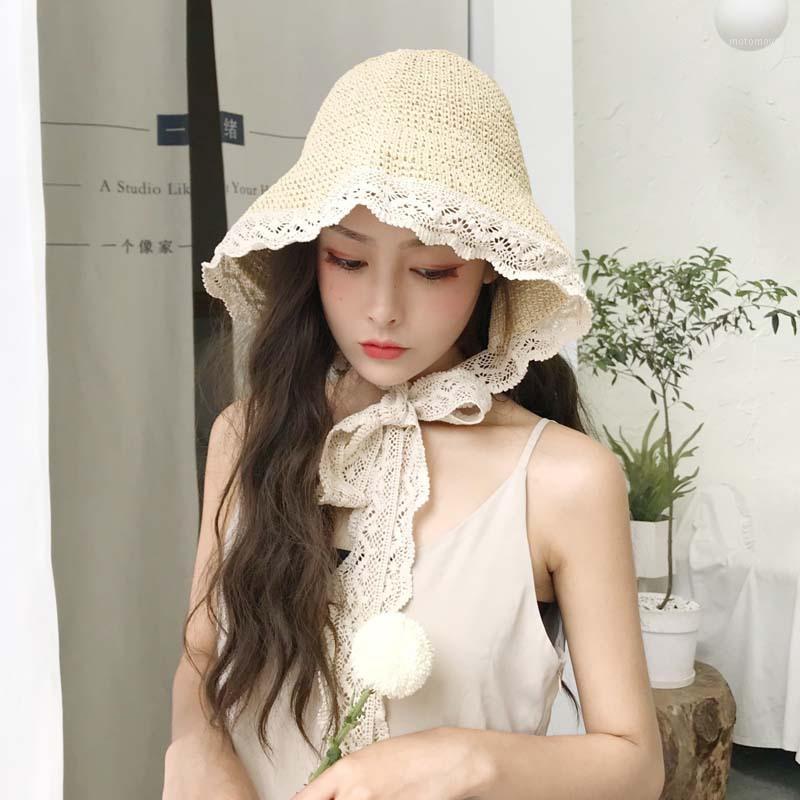 

Straw hat female summer lace lace beach hat small fresh seaside holiday sun protection sun shade strap female1