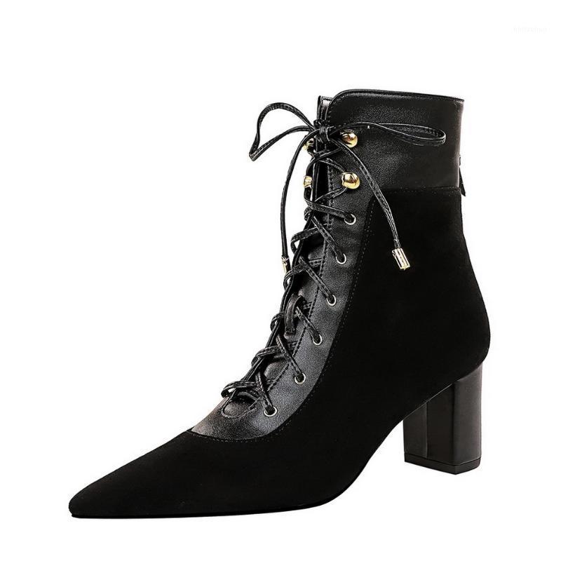 

UMMEWALO Flock Boots Women Pointed Toe Thick Heels Winter Lace Up Cross Strapping Ankle Boots Ladies1, As pic