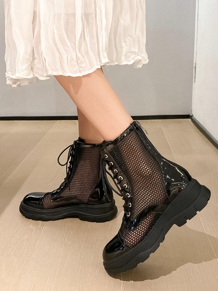 

EshtonShero NEW Mesh Sandals Summer Boots Women Mesh Ankle Boots Leather Square Flats Heel Round Toe Shoes Hollow out Back, Black