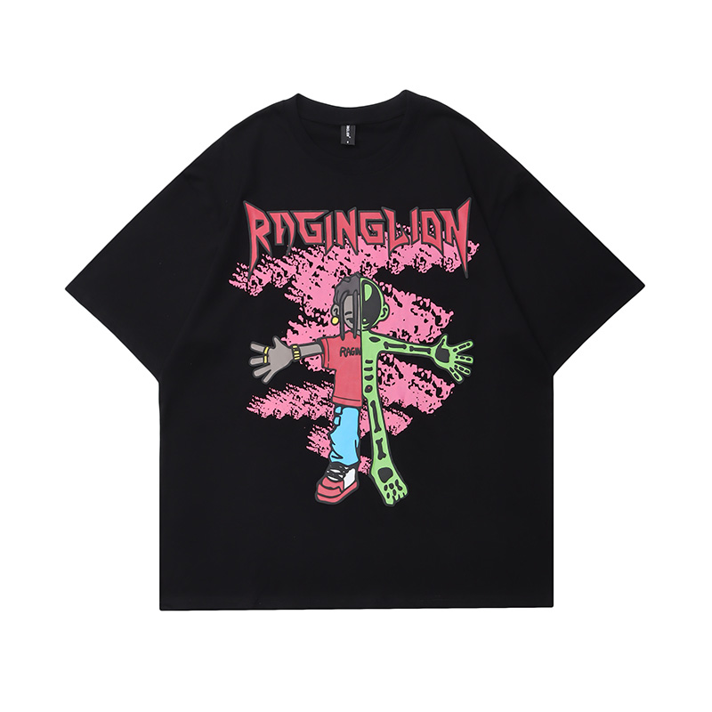 

Spring Summer Cartoon Letter Retro Tops Men Tees Short Sleeve Patchwork High Street Loose T Shirts Couple Hip Hop, White