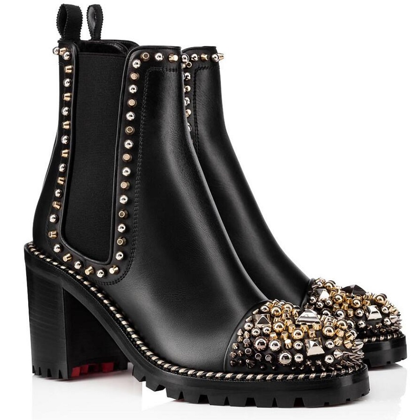 

Winter Famous Gold Studs Round Toe Red Bottom Boot Chasse A Clou Black Calf Leather Lug Sole Lady Fashion Ankle Boots Party Wedding EU35-43