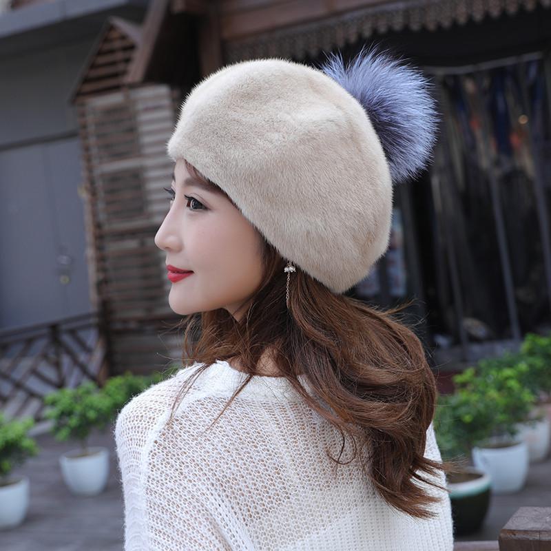 

2020 Winter New Women's Whole Leather Octagonal Hat Beret Mink Hat Fashion All-match Beret Fur, Black