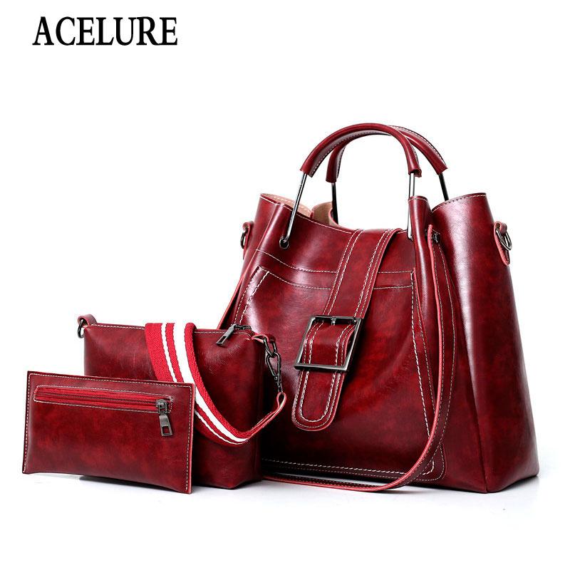 

ACELURE New Style Female High Capacity Tote Bag Solid Color Fashion Oily PU Leather Shoulder Bags Large Handbag DropShipping, Black