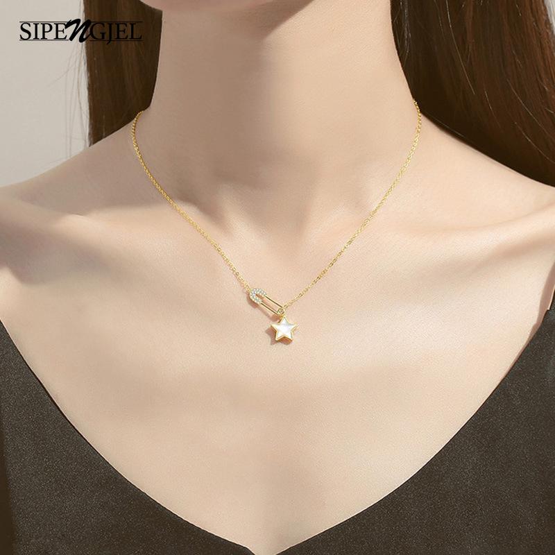 

Chains SIPENGJEL Fashion Star Pendant Necklace Safety Pin Short Chore Chain Neckalce For Women Jewelry 2022, Silver