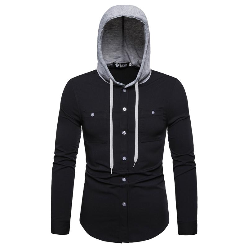 

Casual Men Shirt Hooded Long Sleeve Solid Vintage Shirts Men Fashion Blouse camisa masculina -XXL Autumn 2020 Streetwear Tops, Black shirt men