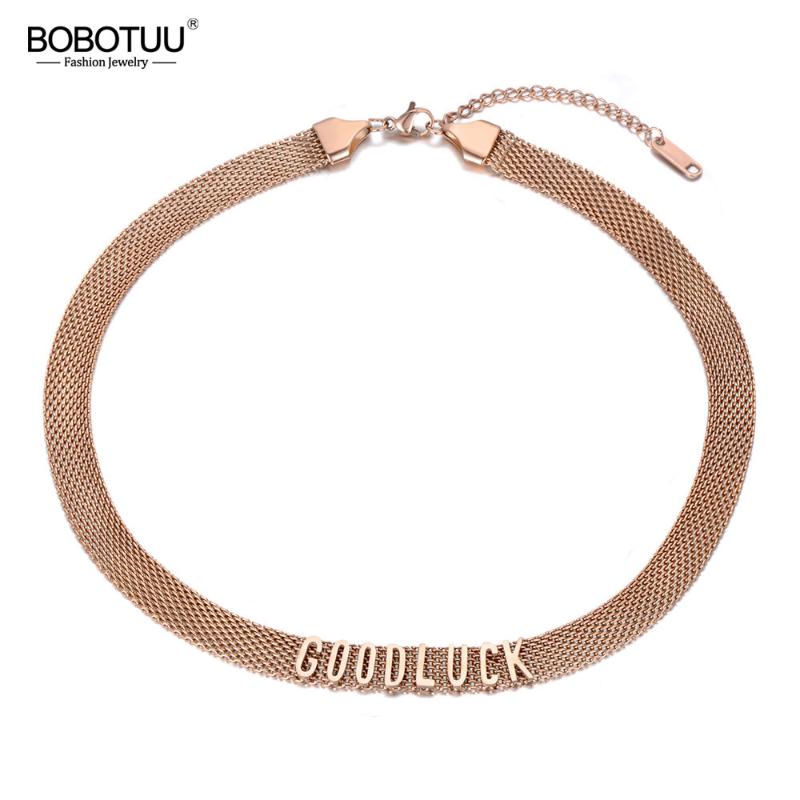 

BOBOTUU Trendy Titanium Stainless Steel Good Luck Letter Choker Necklaces For Women Rose Gold Chain Pendant Necklace BN19187