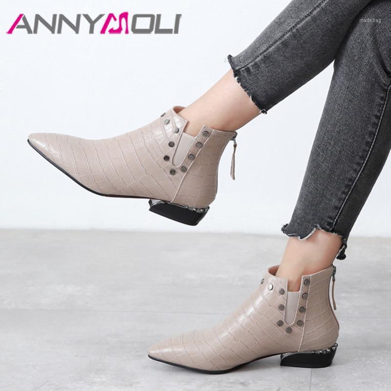 

ANNYMOLI Med Heel Woman Boots Pointed Toe Short Boots Chunky Heel Ankle Zip Rivet Ladies Shoes Autumn Winter Black Size 431, Apricot