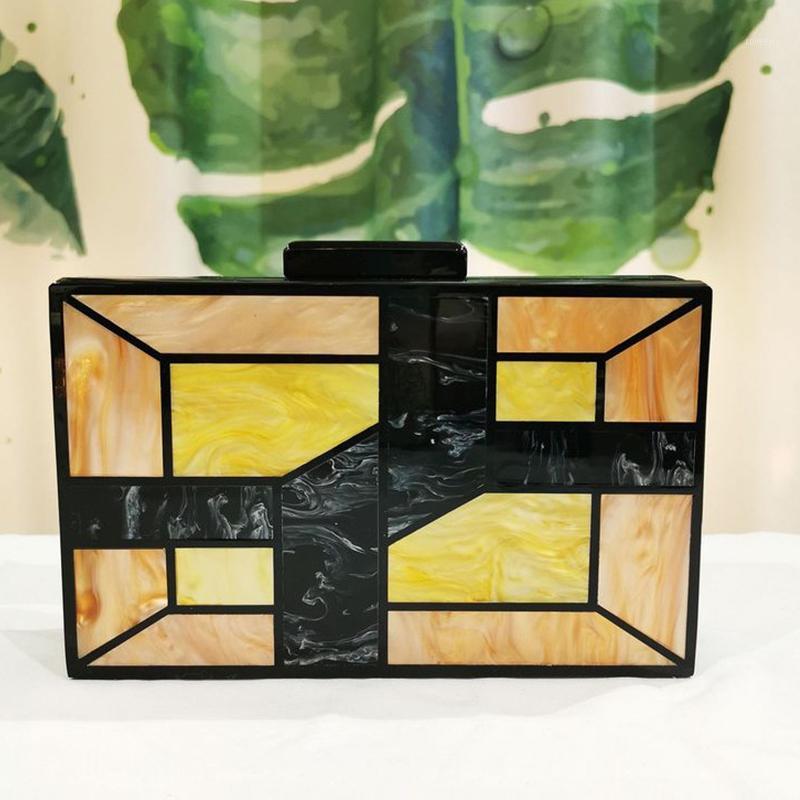 

Black/Yellow Color Geometric Pattern Acrylic Women Clutch Fashion Long Chain Women Messenger Handbag 2020 Hard Ladies Phone Bag1