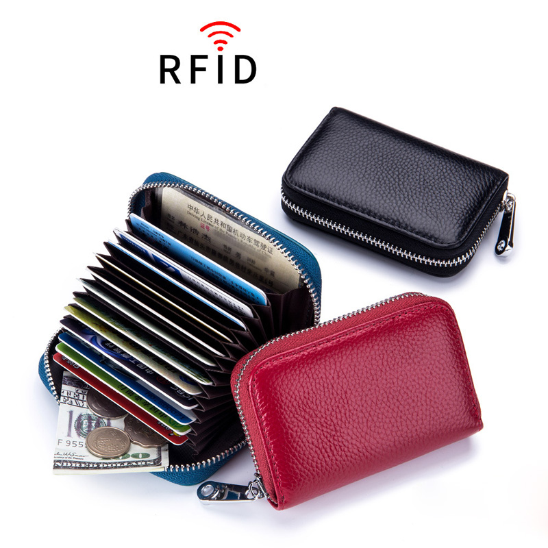 

HBP Card bag zipper male cowhide RFID anti-theft brush magnetic leather female card holder, With box