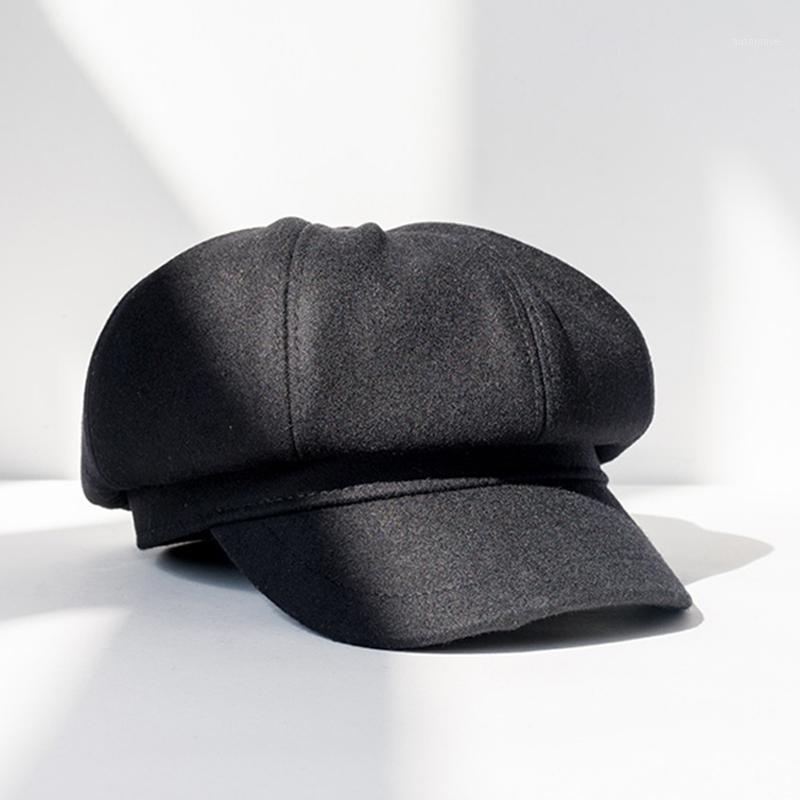 

DVESAL Hat women autumn and winter woolen octagonal hat solid color retro beret1, Black