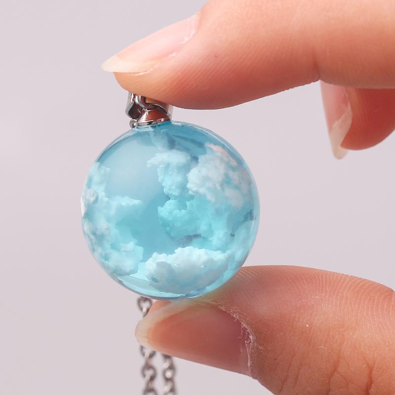 

Trendy Blue Sky White Cloud Resin Transparent Pendant Necklace for Women Round Ball Moon Necklace Fashion Jewelry