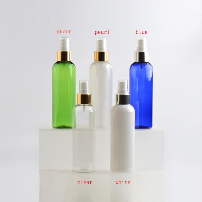 

30pcs 200ml Empty gold silver collar sprayer pump bottles DIY cosmetic packaging PET bottle travel Perfume Spray container