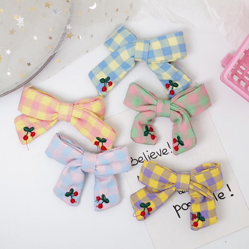 

New Korean Fashion Children Hairpins Hair Accessories Simple Sweet Girl Students Lattice Fabric Embroidery Cherry Duckbill Clip1