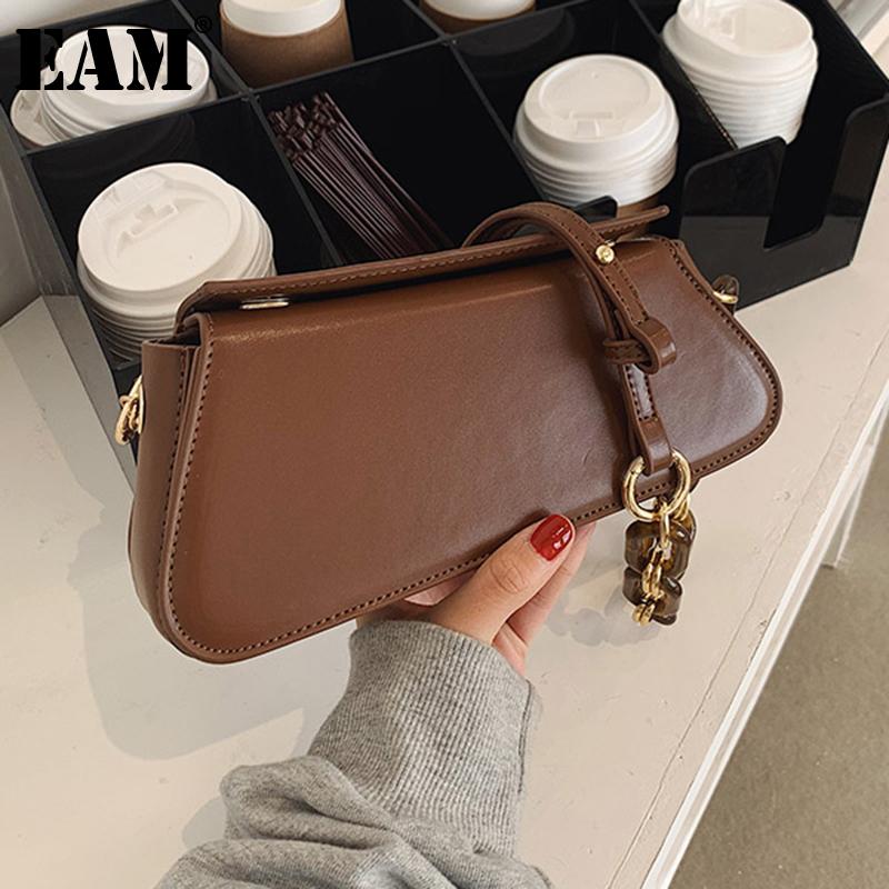 

[EAM] Women New Vintage Acrylic Chains Small PU Leather Flap Personality All-match Crossbody Shoulder Bag Fashion 2021 18A1380, Black