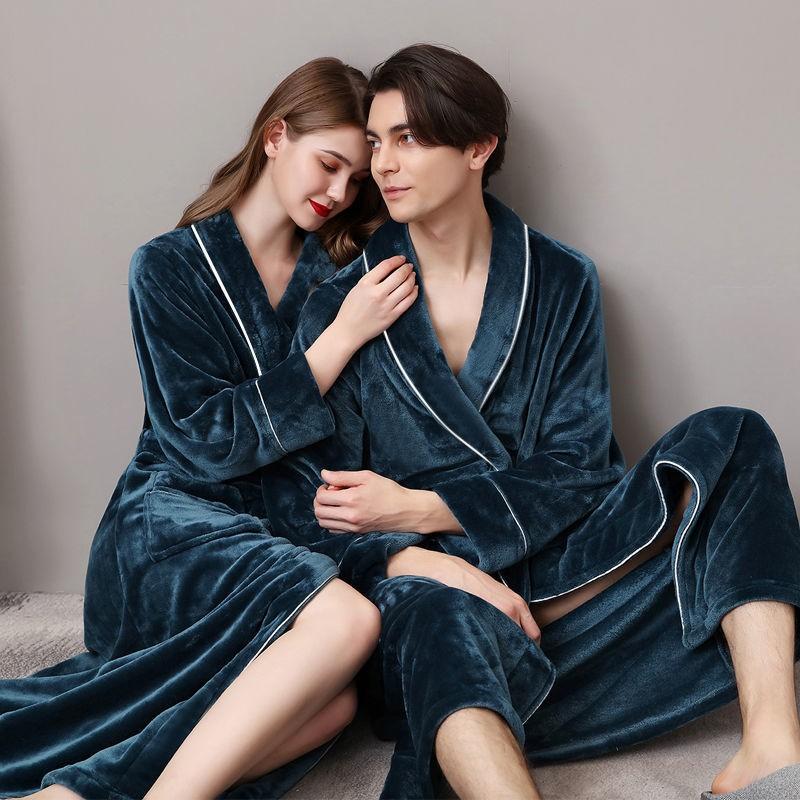 

Winter Couple Robe Warm Flannel Kimono Gown Solid Sleepwear Lovers Coral Fleece Nightgown Loose Bathrobe Gown Home Dressing, Men black
