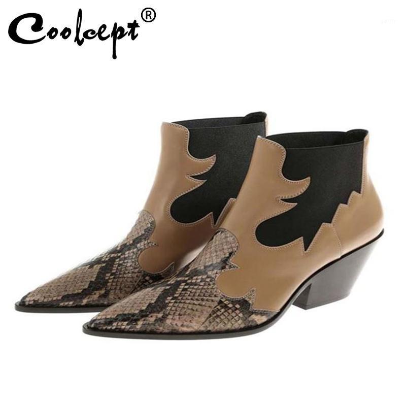 

Coolcept Genuine Leather Women Ankle Boots Pointed Toe Tough Heel Shoes Mixed Color Snakeskin Pattern Footwear Women Size 33-431, Black