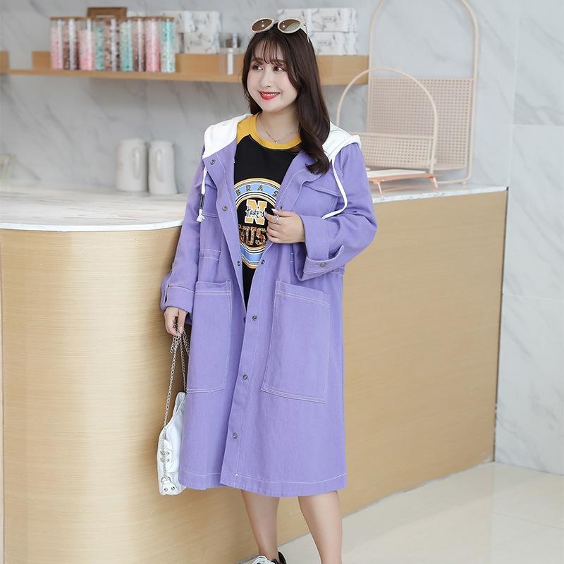 

2020 Spring Womens Trench Coat Plus Size Hooded Windbreaker Solid Pockets Button Raincoat Overcoat Big Size Coat 5126