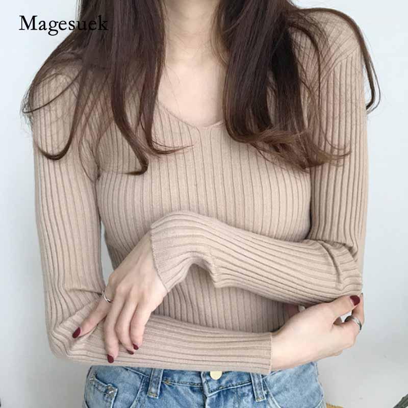 

2020 Autumn Winter Fashion V-neck Sweater Women Knit Slim Warm Sexy Pullover Solid Sweater Long Sleeve Clothes Blusas 103081, Pink