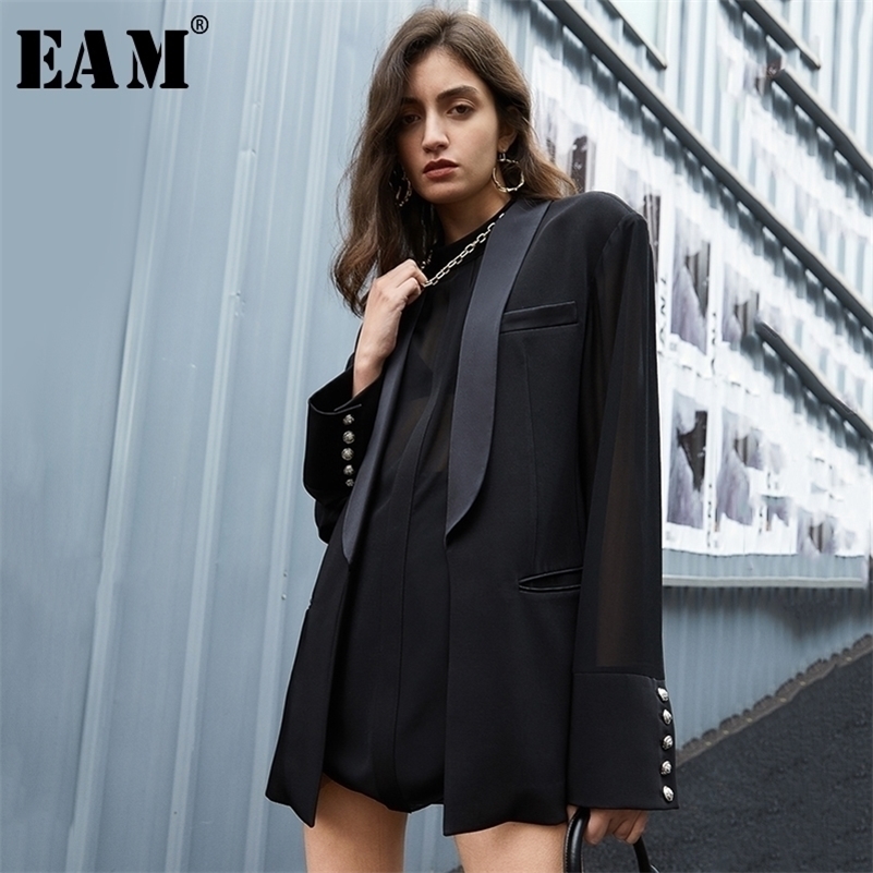 

[EAM] Women Mesh Split Big Size Blazer New Stand Collar Long Sleeve Loose Fit Jacket Fashion Tide Spring Autumn 1T615 201114, Black
