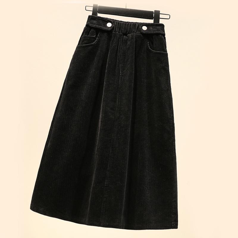 

2021 New Autumn and Winter Women's Corduroy Skirt Ladies Fashion Retro High Waist Solid Loose Harajuku Women Long A-line Skirt, Black